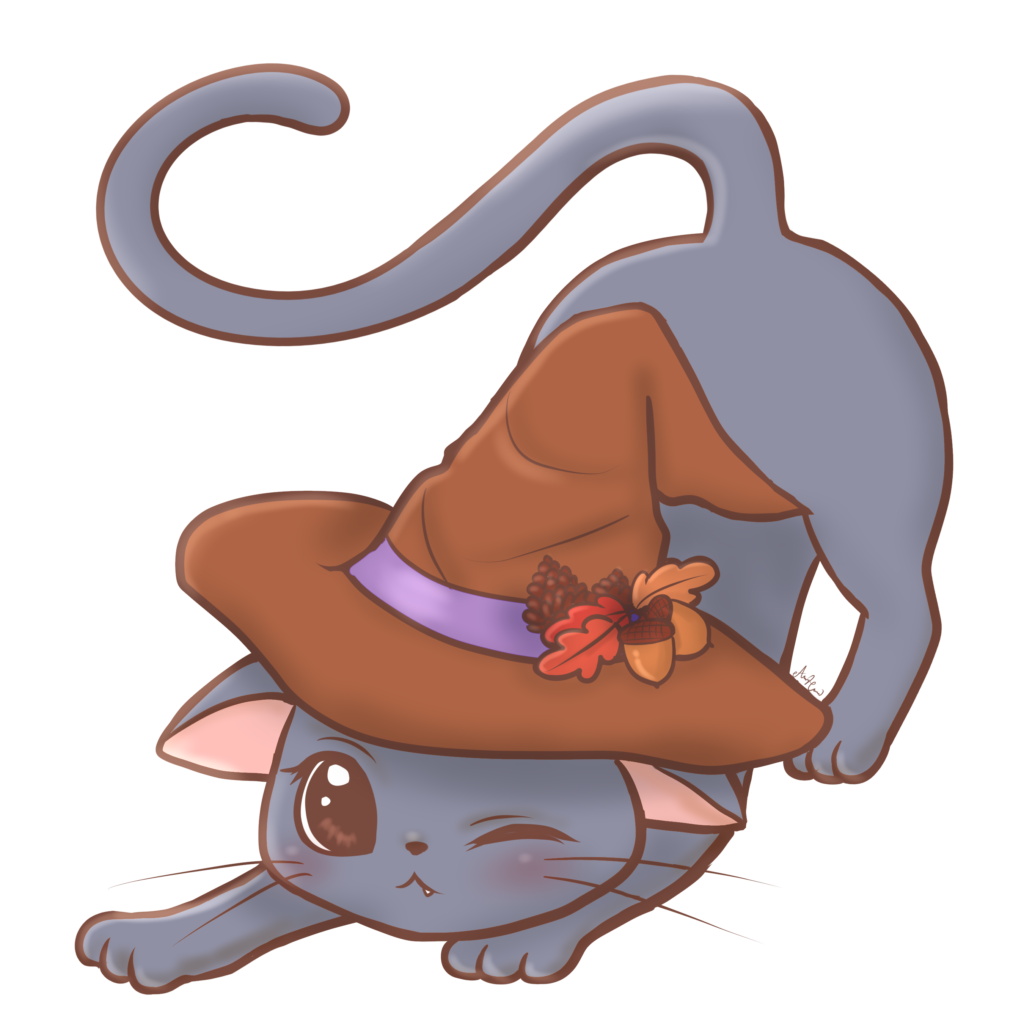Hand-drawn caricature by Amy Caves — A cat wearing a witch's hat