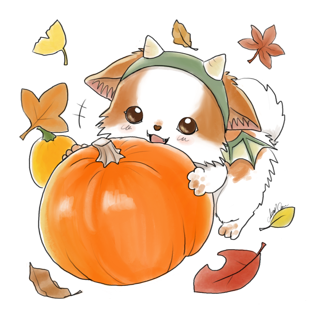 Hand-drawn caricature by Amy Caves — Mochi and a pumpkin