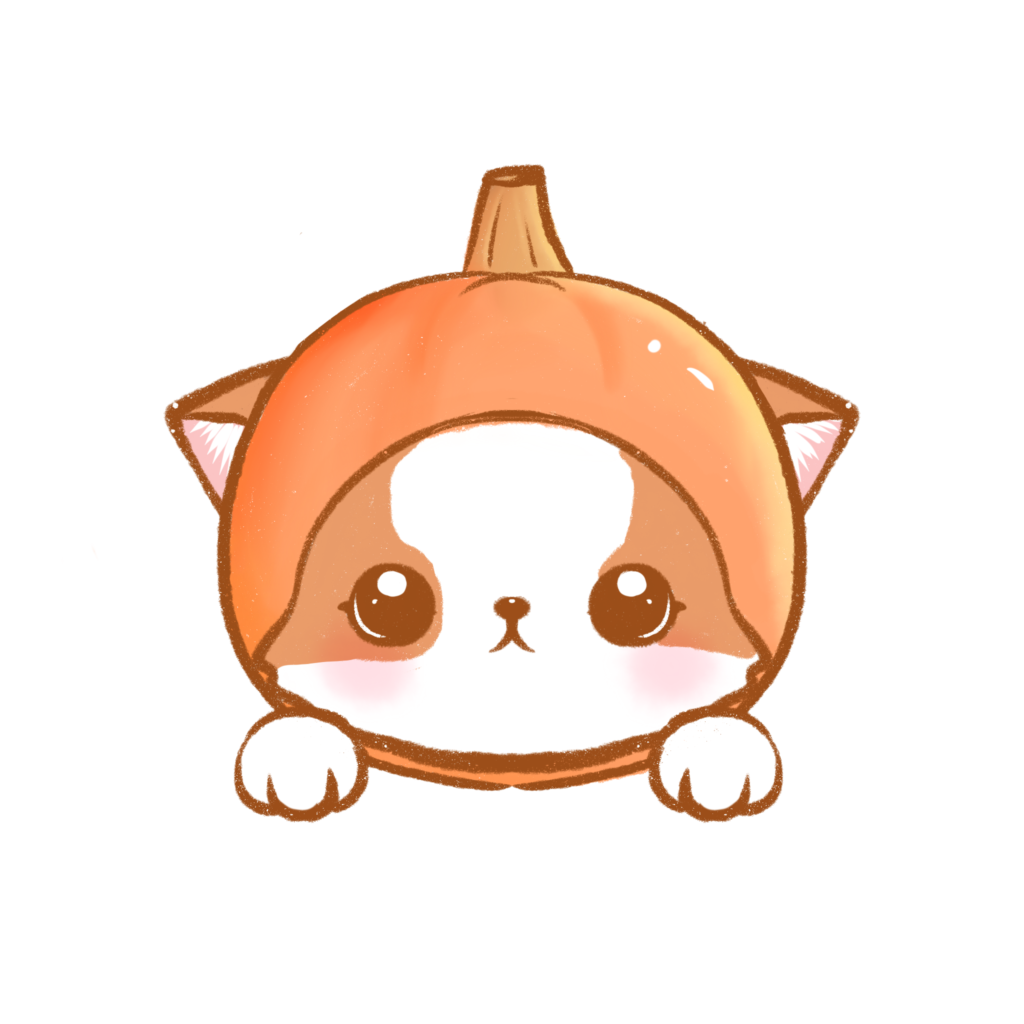 Hand-drawn caricature by Amy Caves — Mochi with a pumpkin