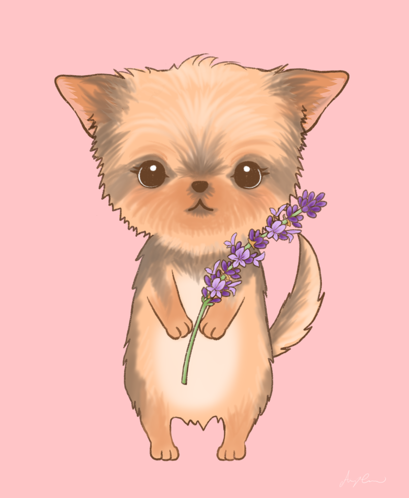 Hand-drawn caricature portrait of Moo on a lavender background by Amy Caves