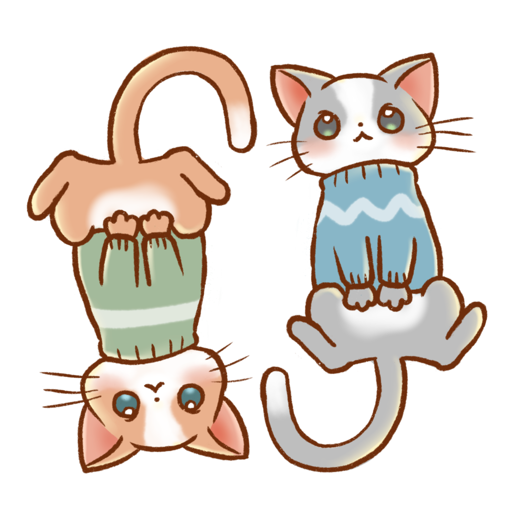 Hand-drawn caricature by Amy Caves — Kittens in knitted sweaters